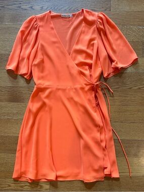 Alice + Olivia Bright Orange Flutter Sleeve Wrap Mini Dress